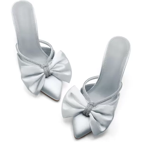 Womens Closed Pointed Toe Heels Mules Bow Rhinestone Satin Slip on Backless Wedding Dress Shoes Sandals