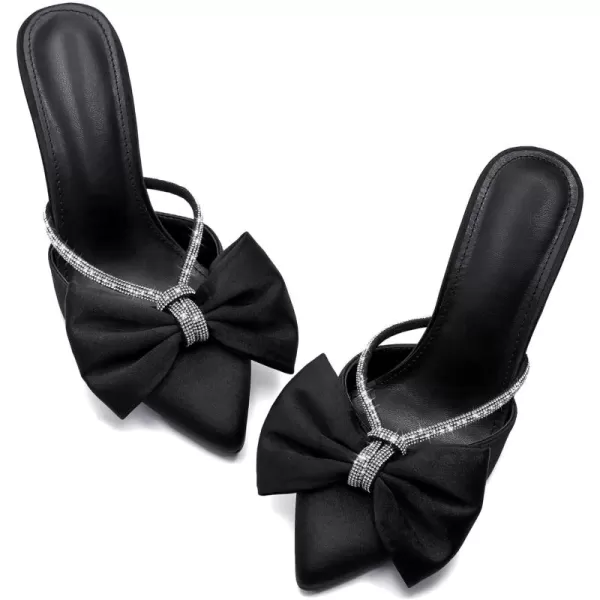 Womens Closed Pointed Toe Heels Mules Bow Rhinestone Satin Slip on Backless Wedding Dress Shoes Sandals