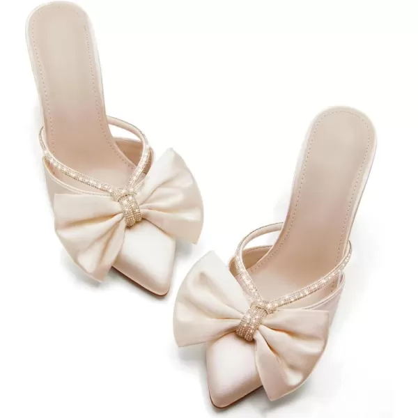 Womens Closed Pointed Toe Heels Mules Bow Rhinestone Satin Slip on Backless Wedding Dress Shoes Sandals