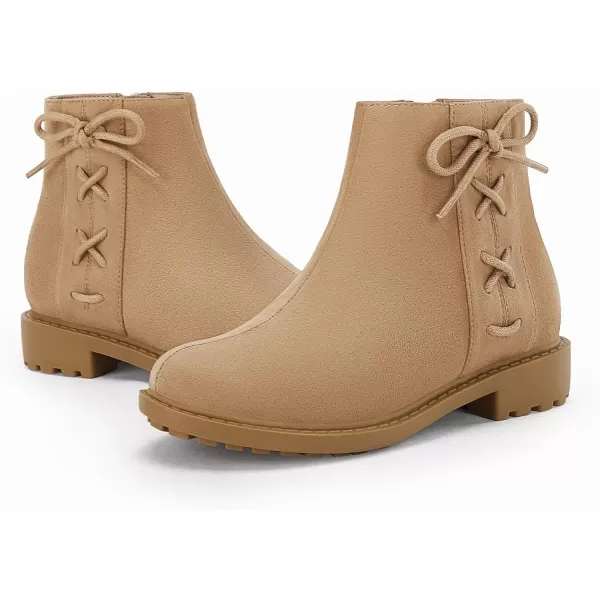 Coutgo Girls Tie Knot Ankle Boots Kids Side Zipper Chunky Low Heel Faux Leather Dress Booties