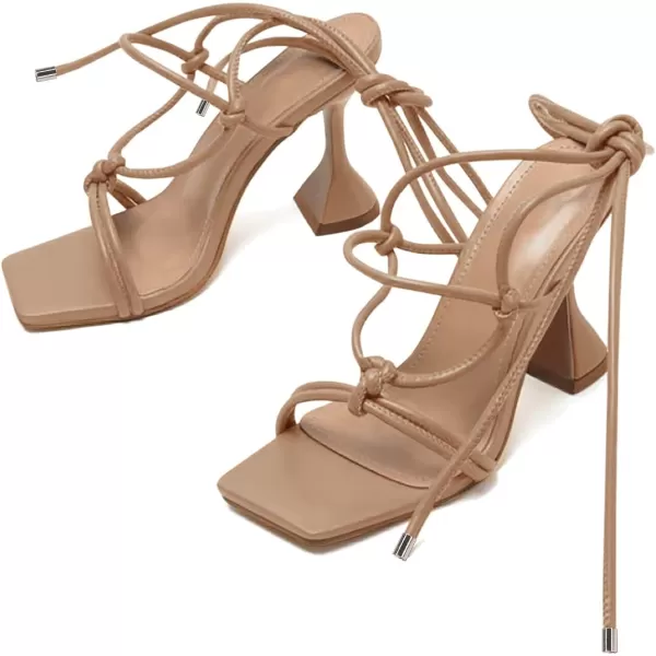 Coutgo Strappy Heels for Women, Lace Up Square Open Toe Dress Sandals, Stiletto Heeled for Summer Party