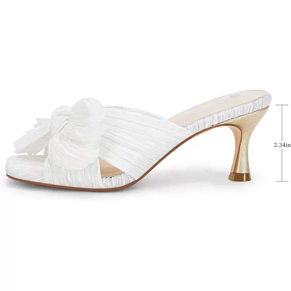 Coutgo Womens Bow Heeled Sandals Pleated Bowknot Heels Open Square Toe Cute Kitten Heel Mules Slip On Wedding Dress Shoes