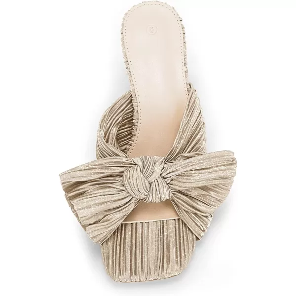 Coutgo Womens Bow Heeled Sandals Pleated Bowknot Heels Open Square Toe Cute Kitten Heel Mules Slip On Wedding Dress Shoes