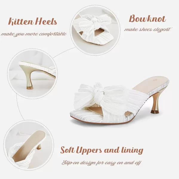 Coutgo Womens Bow Heeled Sandals Pleated Bowknot Heels Open Square Toe Cute Kitten Heel Mules Slip On Wedding Dress Shoes