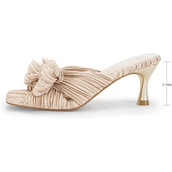 Coutgo Womens Bow Heeled Sandals Pleated Bowknot Heels Open Square Toe Cute Kitten Heel Mules Slip On Wedding Dress Shoes