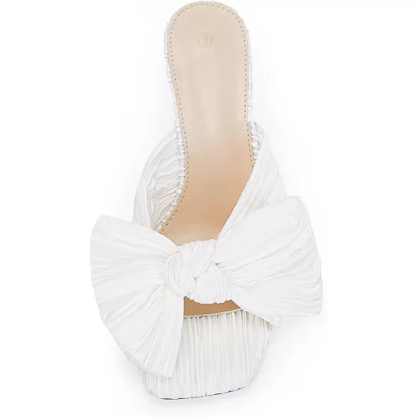 Coutgo Womens Bow Heeled Sandals Pleated Bowknot Heels Open Square Toe Cute Kitten Heel Mules Slip On Wedding Dress Shoes