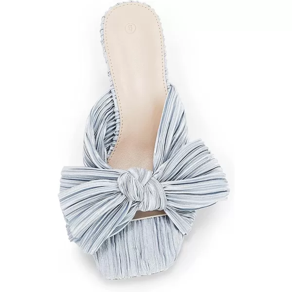 Coutgo Womens Bow Heeled Sandals Pleated Bowknot Heels Open Square Toe Cute Kitten Heel Mules Slip On Wedding Dress Shoes