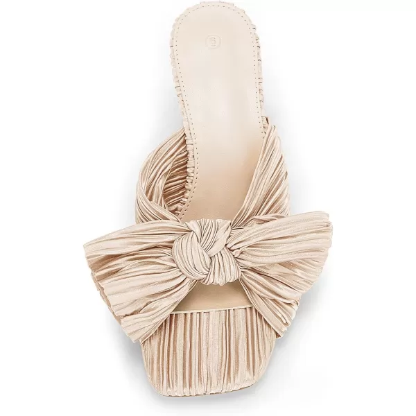 Coutgo Womens Bow Heeled Sandals Pleated Bowknot Heels Open Square Toe Cute Kitten Heel Mules Slip On Wedding Dress Shoes