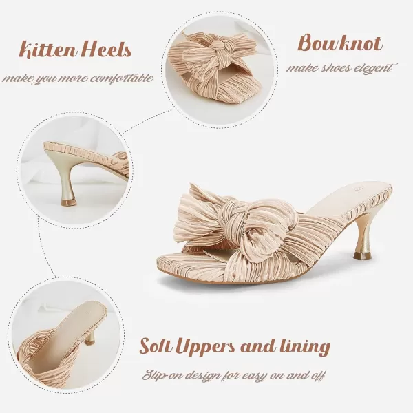 Coutgo Womens Bow Heeled Sandals Pleated Bowknot Heels Open Square Toe Cute Kitten Heel Mules Slip On Wedding Dress Shoes