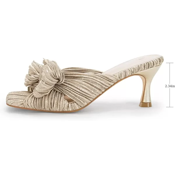 Coutgo Womens Bow Heeled Sandals Pleated Bowknot Heels Open Square Toe Cute Kitten Heel Mules Slip On Wedding Dress Shoes