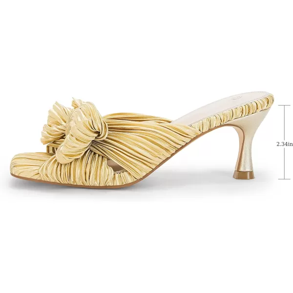 Coutgo Womens Bow Heeled Sandals Pleated Bowknot Heels Open Square Toe Cute Kitten Heel Mules Slip On Wedding Dress Shoes
