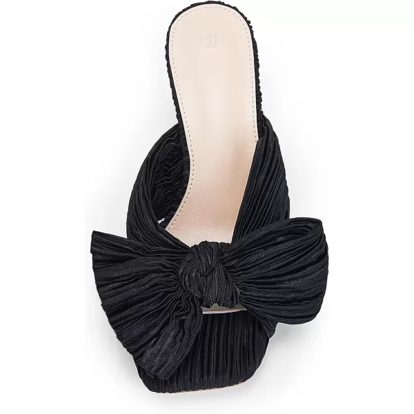 Coutgo Womens Bow Heeled Sandals Pleated Bowknot Heels Open Square Toe Cute Kitten Heel Mules Slip On Wedding Dress Shoes
