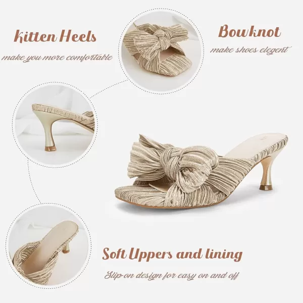 Coutgo Womens Bow Heeled Sandals Pleated Bowknot Heels Open Square Toe Cute Kitten Heel Mules Slip On Wedding Dress Shoes