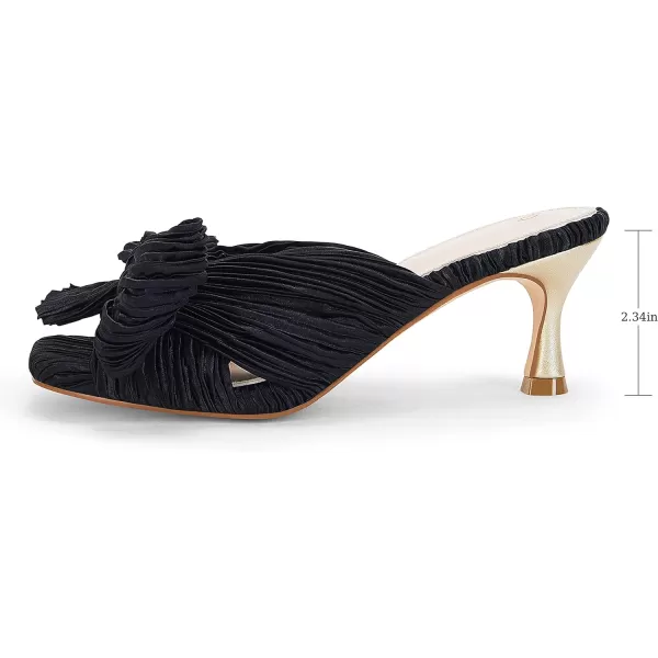 Coutgo Womens Bow Heeled Sandals Pleated Bowknot Heels Open Square Toe Cute Kitten Heel Mules Slip On Wedding Dress Shoes