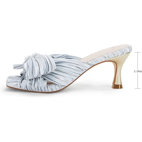 Coutgo Womens Bow Heeled Sandals Pleated Bowknot Heels Open Square Toe Cute Kitten Heel Mules Slip On Wedding Dress Shoes