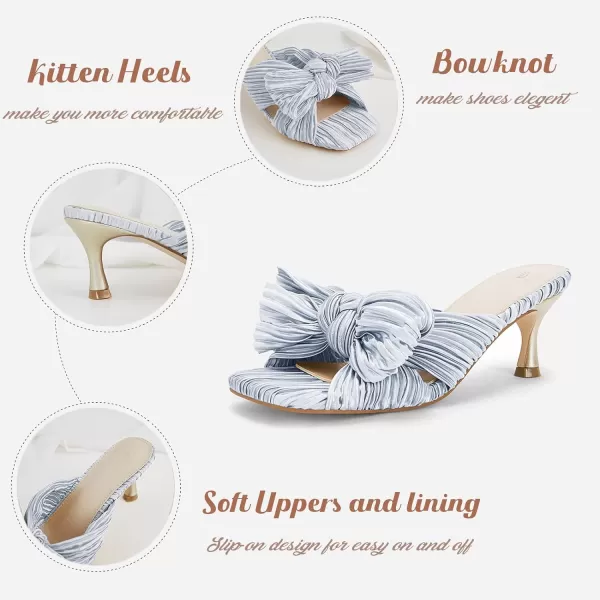Coutgo Womens Bow Heeled Sandals Pleated Bowknot Heels Open Square Toe Cute Kitten Heel Mules Slip On Wedding Dress Shoes