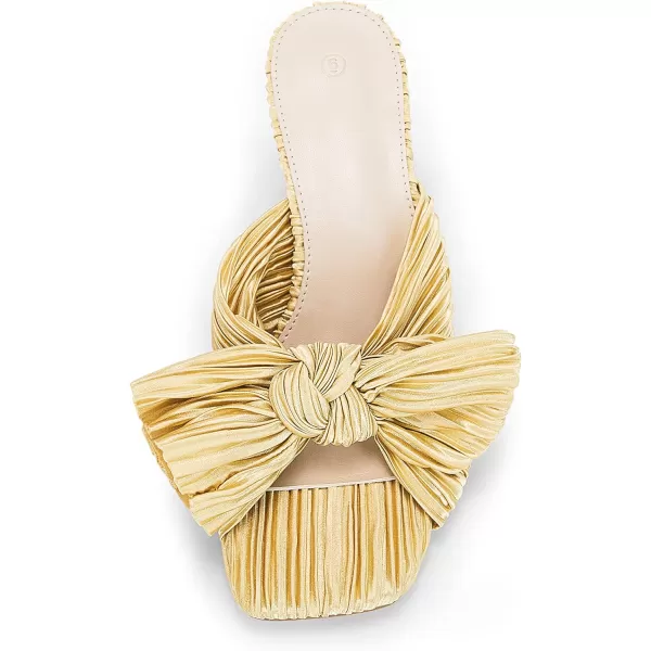 Coutgo Womens Bow Heeled Sandals Pleated Bowknot Heels Open Square Toe Cute Kitten Heel Mules Slip On Wedding Dress Shoes