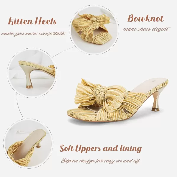 Coutgo Womens Bow Heeled Sandals Pleated Bowknot Heels Open Square Toe Cute Kitten Heel Mules Slip On Wedding Dress Shoes