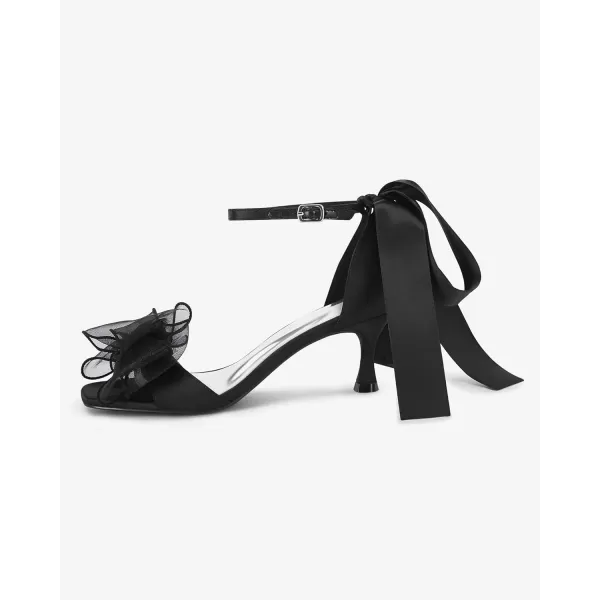 Coutgo Womens Bow Kitten Heels Sandals Square Open Toe Ankle Strap Satin Ribbon Wedding Dress Shoes