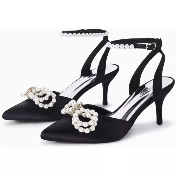 Coutgo Womens Bowknot Heels Pumps Stiletto Closed Pointed Toe Pearl Ankle Strap Wedding Dress Shoes