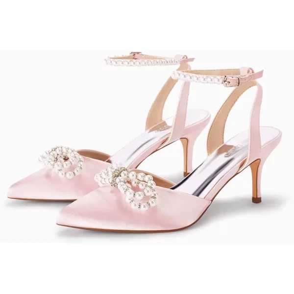 Coutgo Womens Bowknot Heels Pumps Stiletto Closed Pointed Toe Pearl Ankle Strap Wedding Dress Shoes