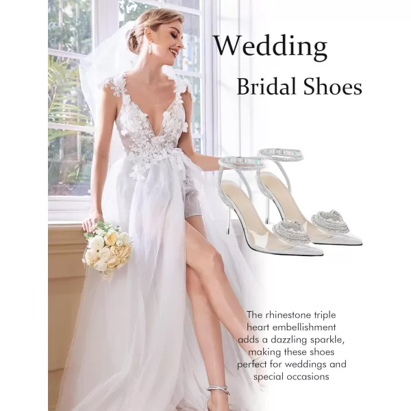 Coutgo Womens Clear High Heels Rhinestone Triple Heart Strappy Heels Closed Toe Sexy Stiletto Pumps Wedding Dress Shoes