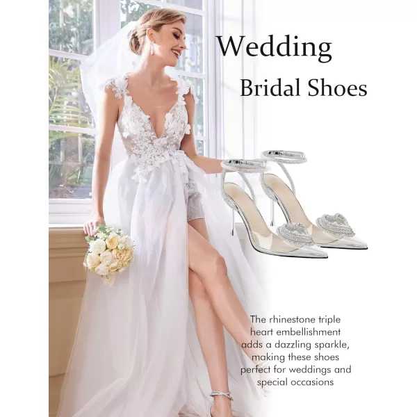 Coutgo Womens Clear High Heels Rhinestone Triple Heart Strappy Heels Closed Toe Sexy Stiletto Pumps Wedding Dress Shoes