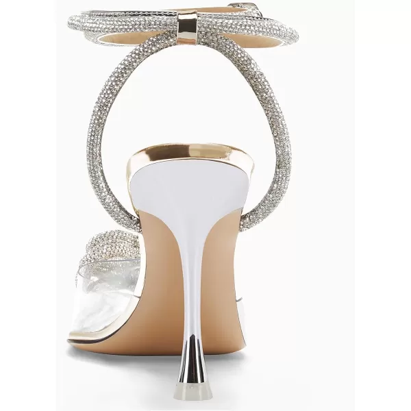 Coutgo Womens Clear High Heels Rhinestone Triple Heart Strappy Heels Closed Toe Sexy Stiletto Pumps Wedding Dress Shoes