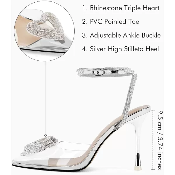 Coutgo Womens Clear High Heels Rhinestone Triple Heart Strappy Heels Closed Toe Sexy Stiletto Pumps Wedding Dress Shoes