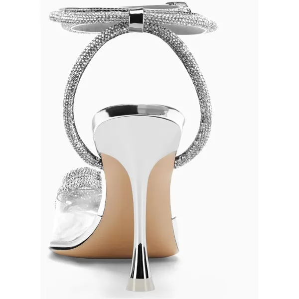 Coutgo Womens Clear High Heels Rhinestone Triple Heart Strappy Heels Closed Toe Sexy Stiletto Pumps Wedding Dress Shoes