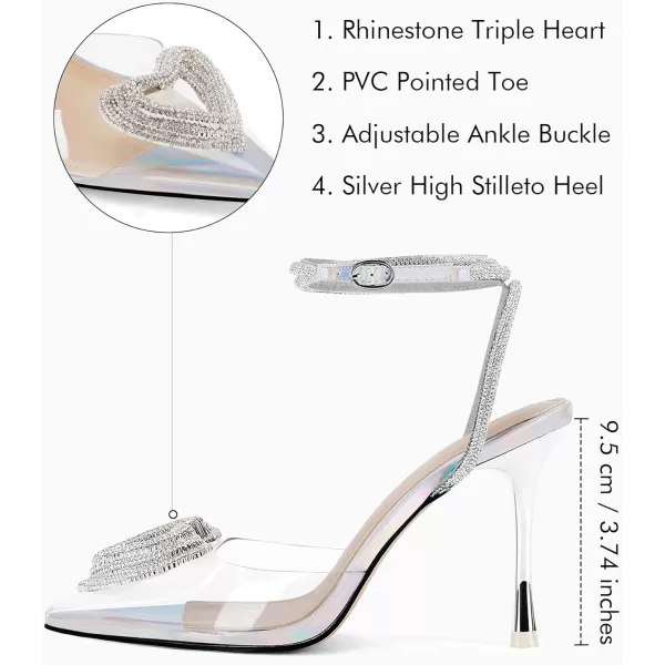 Coutgo Womens Clear High Heels Rhinestone Triple Heart Strappy Heels Closed Toe Sexy Stiletto Pumps Wedding Dress Shoes