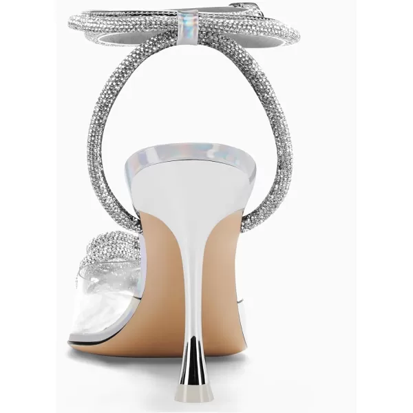 Coutgo Womens Clear High Heels Rhinestone Triple Heart Strappy Heels Closed Toe Sexy Stiletto Pumps Wedding Dress Shoes