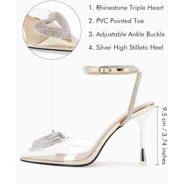 Coutgo Womens Clear High Heels Rhinestone Triple Heart Strappy Heels Closed Toe Sexy Stiletto Pumps Wedding Dress Shoes