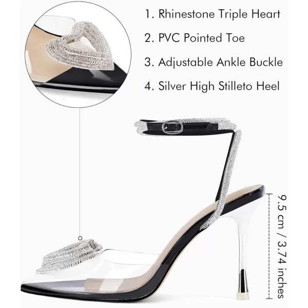 Coutgo Womens Clear High Heels Rhinestone Triple Heart Strappy Heels Closed Toe Sexy Stiletto Pumps Wedding Dress Shoes