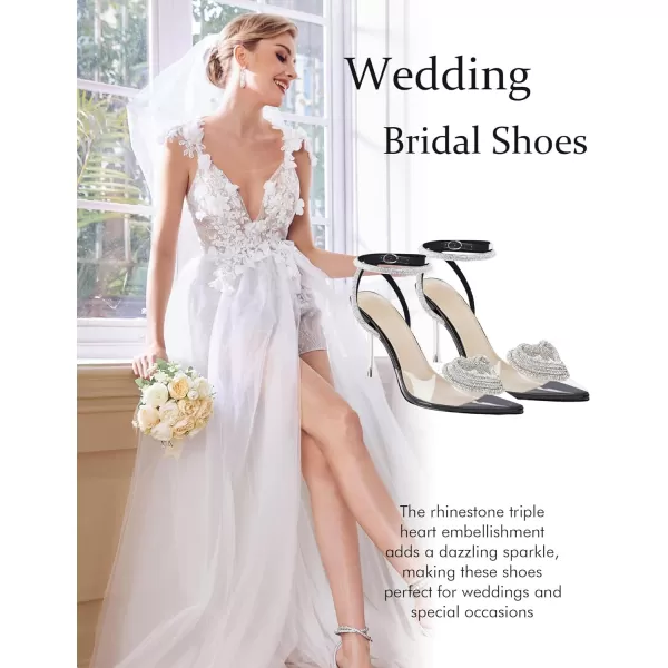 Coutgo Womens Clear High Heels Rhinestone Triple Heart Strappy Heels Closed Toe Sexy Stiletto Pumps Wedding Dress Shoes