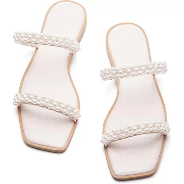 Coutgo Womens Flat Sandals Square Open Toe Pearl Two Strap Slip On Beach Slide Dressy Sandal