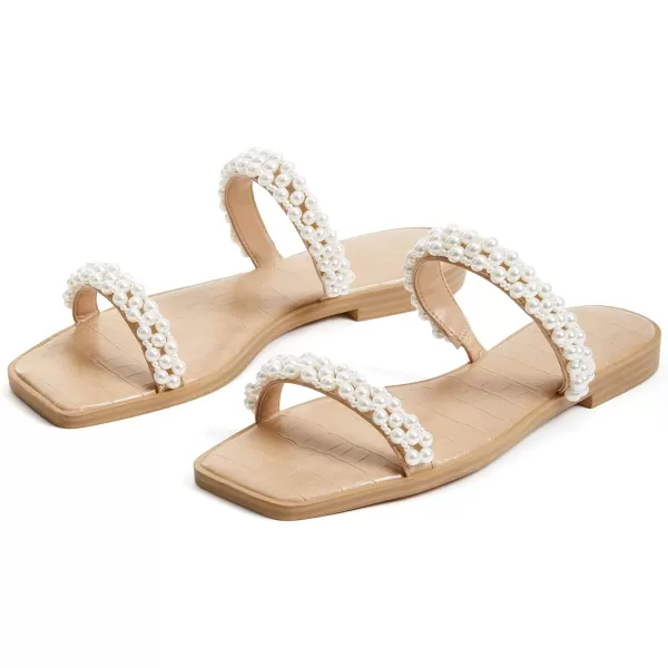 Coutgo Womens Flat Sandals Square Open Toe Pearl Two Strap Slip On Beach Slide Dressy Sandal