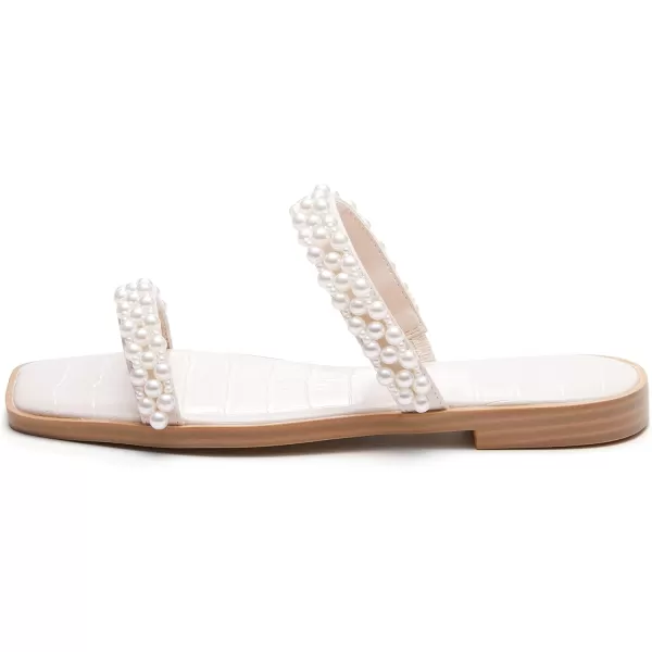 Coutgo Womens Flat Sandals Square Open Toe Pearl Two Strap Slip On Beach Slide Dressy Sandal
