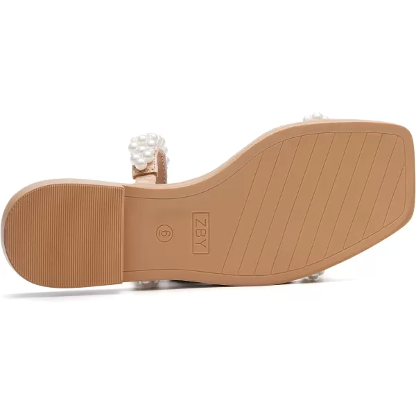 Coutgo Womens Flat Sandals Square Open Toe Pearl Two Strap Slip On Beach Slide Dressy Sandal