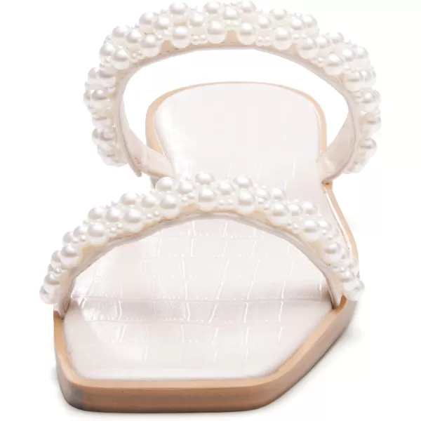 Coutgo Womens Flat Sandals Square Open Toe Pearl Two Strap Slip On Beach Slide Dressy Sandal