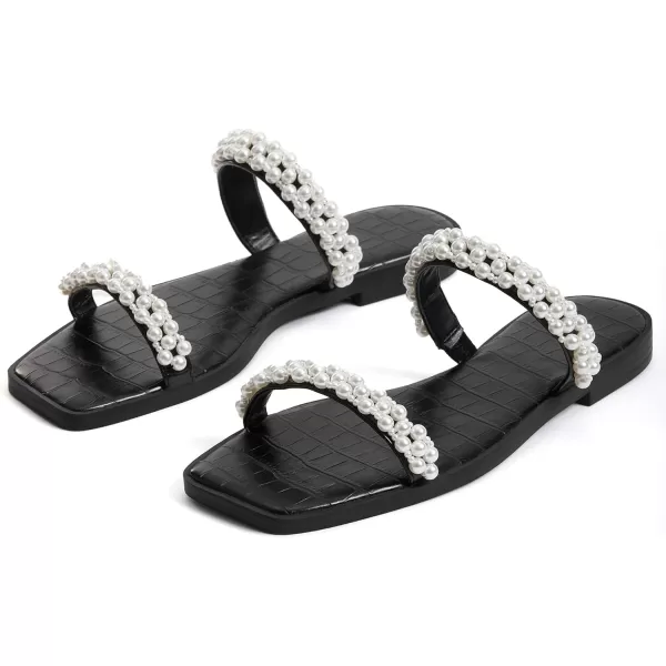 Coutgo Womens Flat Sandals Square Open Toe Pearl Two Strap Slip On Beach Slide Dressy Sandal