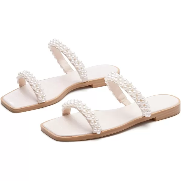Coutgo Womens Flat Sandals Square Open Toe Pearl Two Strap Slip On Beach Slide Dressy Sandal