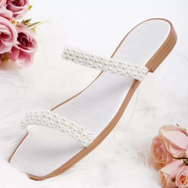Coutgo Womens Flat Sandals Square Open Toe Pearl Two Strap Slip On Beach Slide Dressy Sandal