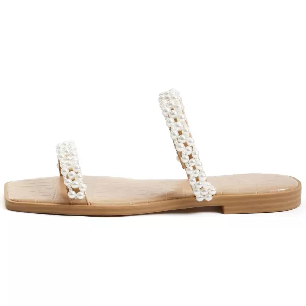 Coutgo Womens Flat Sandals Square Open Toe Pearl Two Strap Slip On Beach Slide Dressy Sandal