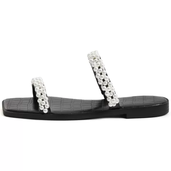 Coutgo Womens Flat Sandals Square Open Toe Pearl Two Strap Slip On Beach Slide Dressy Sandal