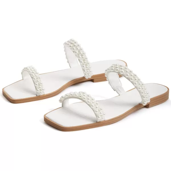 Coutgo Womens Flat Sandals Square Open Toe Pearl Two Strap Slip On Beach Slide Dressy Sandal