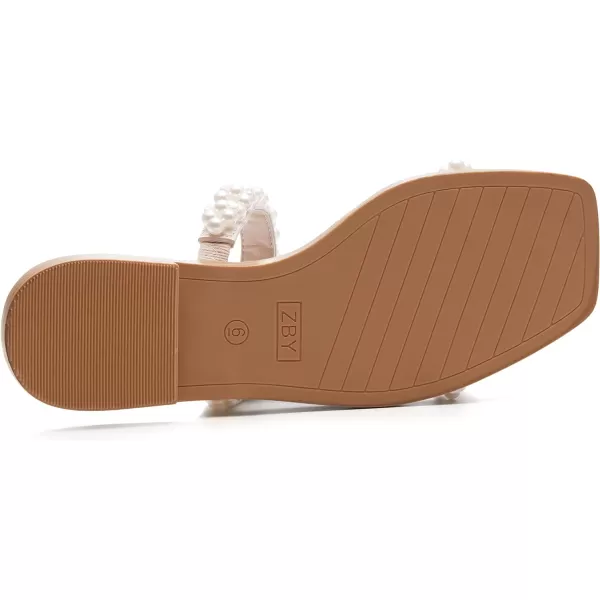 Coutgo Womens Flat Sandals Square Open Toe Pearl Two Strap Slip On Beach Slide Dressy Sandal