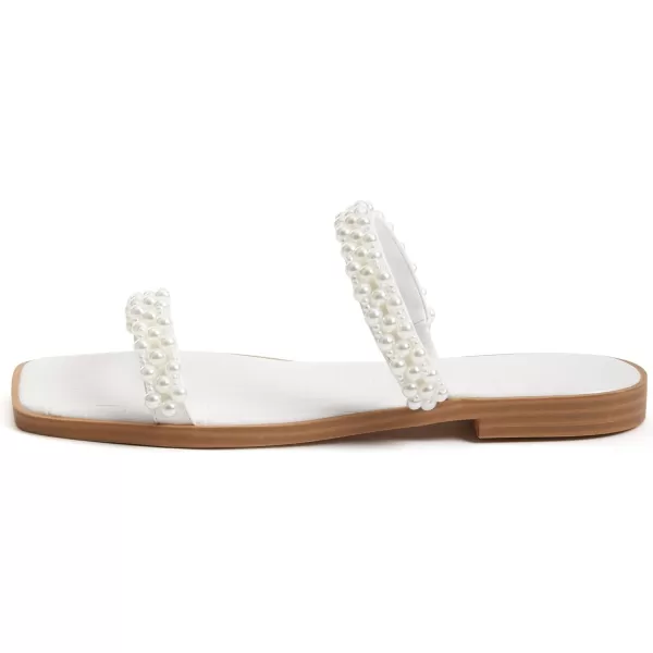 Coutgo Womens Flat Sandals Square Open Toe Pearl Two Strap Slip On Beach Slide Dressy Sandal
