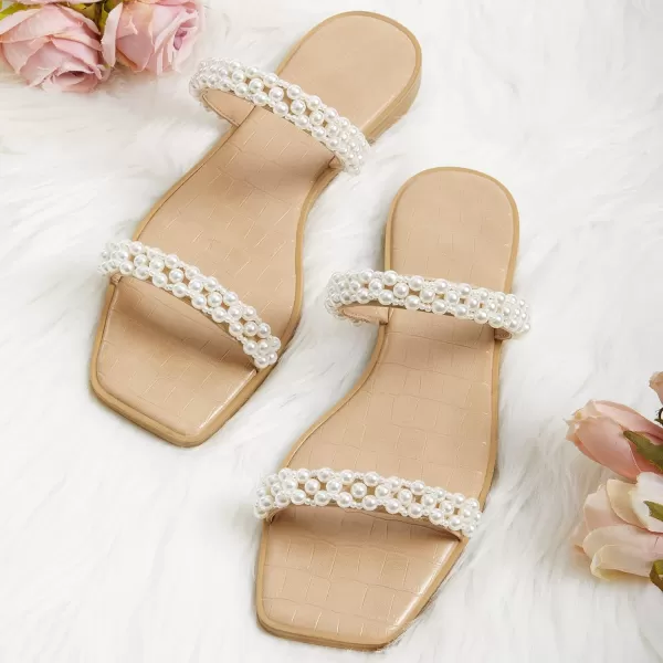 Coutgo Womens Flat Sandals Square Open Toe Pearl Two Strap Slip On Beach Slide Dressy Sandal