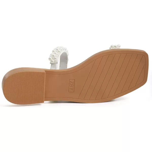 Coutgo Womens Flat Sandals Square Open Toe Pearl Two Strap Slip On Beach Slide Dressy Sandal